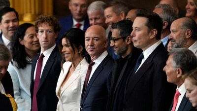Guests including Mark Zuckerberg, Jeff Bezos, Sundar Pichai and Elon Musk, arrive before the 60th Presidential Inauguration in the Rotunda of the U.S. Capitol in Washington, Monday, Jan. 20, 2025. (AP Photo/Julia Demaree Nikhinson, Pool) (AP) Guests including Mark Zuckerberg, Jeff Bezos, Sundar Pichai and Elon Musk, arrive before the 60th Presidential Inauguration in the Rotunda of the U.S. Capitol in Washington, Monday, Jan. 20, 2025. (AP Photo/Julia Demaree Nikhinson, Pool) (AP)