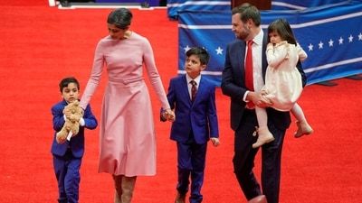 Second lady Usha Vance and Vice President JD Vance with their three children at the Presidential Inauguration parade event in Washington, Monday. (AP) Second lady Usha Vance and Vice President JD Vance with their three children at the Presidential Inauguration parade event in Washington, Monday. (AP)