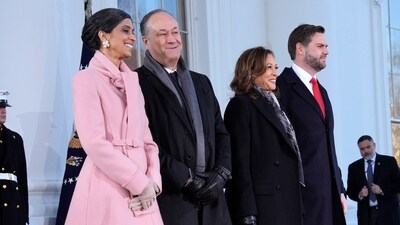 Vice President Kamala Harris, center right, and second gentleman Doug Emhoff, center left, pose with Vice President-elect JD Vance, right, and his wife Usha Vance, left, upon arriving at the White House, Monday, Jan. 20, 2025, in Washington. (AP) Vice President Kamala Harris, center right, and second gentleman Doug Emhoff, center left, pose with Vice President-elect JD Vance, right, and his wife Usha Vance, left, upon arriving at the White House, Monday, Jan. 20, 2025, in Washington. (AP)