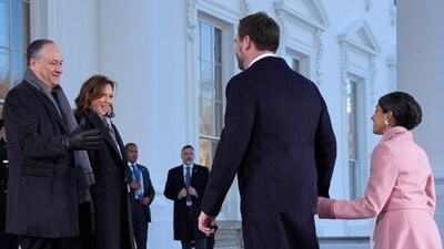 Vice President Kamala Harris, center left, and second gentleman Doug Emhoff, left, greet Vice President-elect JD Vance, center right, and his wife Usha Vance, right, upon arriving at the White House, Monday, Jan. 20, 2025, in Washington. (AP) Vice President Kamala Harris, center left, and second gentleman Doug Emhoff, left, greet Vice President-elect JD Vance, center right, and his wife Usha Vance, right, upon arriving at the White House, Monday, Jan. 20, 2025, in Washington. (AP)