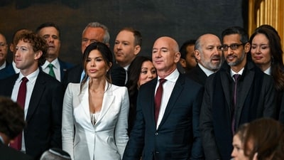 (L-R) CEO of Meta Mark Zuckerberg, Lauren Sanchez, US businessman Jeff Bezos and CEO of Alphabet Inc and Google Sundar Pichai attend Donald Trump's inauguration ceremony. (AFP) (L-R) CEO of Meta Mark Zuckerberg, Lauren Sanchez, US businessman Jeff Bezos and CEO of Alphabet Inc and Google Sundar Pichai attend Donald Trump's inauguration ceremony. (AFP)