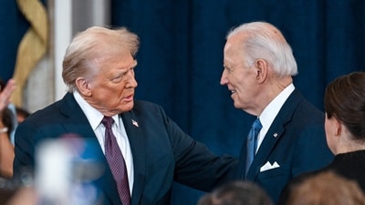 President-elect Donald J. Trump  and President Joe Biden attend inauguration of Donald Trump as the 47th president of the United States takes place inside the Capitol Rotunda of the U.S. Capitol building in Washington, D.C., Monday, January 20, 2025. It is the 60th U.S. presidential inauguration and the second non-consecutive inauguration of Trump as U.S. president. (Photo by Kenny Holston/The New York Times / POOL / AFP) (AFP)