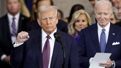 US President Donald Trump gestures during his inauguration ceremony in the rotunda of the United States Capitol in Washington, DC. (AFP) US President Donald Trump gestures during his inauguration ceremony in the rotunda of the United States Capitol in Washington, DC. (AFP)