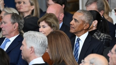 (L-R) Former US President George W. Bush, former First Lady Laura Bush and former President Barack Obama listen as President Donald Trump speaks after being sworn in as the 47th President. (REUTERS)
