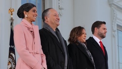 U.S. Vice President Kamala Harris and second gentleman Doug Emhoff pose for a photo along with U.S. Vice President-elect JD Vance and his wife Usha at the White House on the inauguration day of U.S. President-elect Donald Trump's second Presidential term in Washington, U.S. January 20, 2025. (REUTERS)
