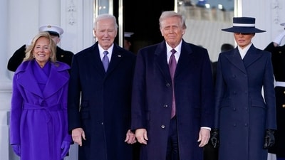 U.S. President-elect Donald Trump and his wife Melania Trump meet with U.S. President Joe Biden and first lady Jill Biden at the White House on inauguration day of Donald Trump's second presidential term in Washington, U.S. January 20, 2025.&nbsp; (REUTERS)