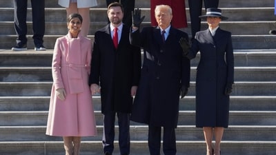 President Donald Trump and First Lady Melania Trump, and Second Lady Usha Vance, Vice President JD Vance, participate in the departure ceremony for outgoing United States President Joe Biden and first lady Dr. Jill Biden on the East Front of the United States Capitol in Washington, DC. (via REUTERS)