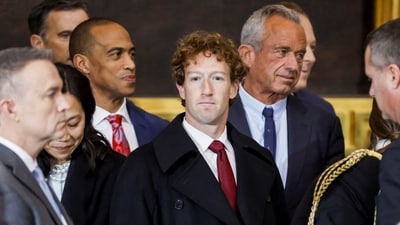 Mark Zuckerberg (C), the CEO of Meta, attends Donald Trump’s inauguration as the next President of the United States in the rotunda of the United States Capitol in Washington, DC, USA, 20 January 2025. Trump, who defeated Kamala Harris, is being sworn in today as the 47th president of the United States, though the planned outdoor ceremonies and events have been cancelled due to a forecast of extreme cold temperatures.    Shawn Thew/Pool via REUTERS (via REUTERS)