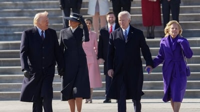 President Donald Trump and First Lady Melania Trump participate in the departure ceremony for outgoing United States President Joe Biden and first lady Dr. Jill Biden on the East Front of the United States Capitol in Washington. (REUTERS)