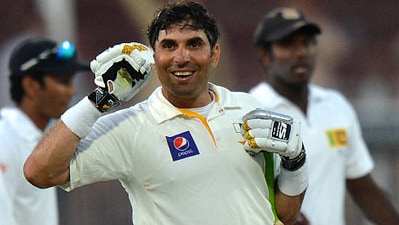 Misbah-ul-Haq celebrates after leading Pakistan to a record win over Sri Lanka in Sharjah. (Getty Images) Misbah-ul-Haq celebrates after leading Pakistan to a record win over Sri Lanka in Sharjah. (Getty Images)