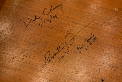 The signature of US Vice President Kamala Harris following a desk signing ceremony in the Eisenhower Executive Office Building at the White House in Washington, DC, US, on Thursday, Jan. 16, 2025. Signing the top drawer of the desk is a tradition that started in the 1940s with former US President Lyndon B. Johnson. Photographer: Jemal Countess/UPI/Bloomberg (Bloomberg) The signature of US Vice President Kamala Harris following a desk signing ceremony in the Eisenhower Executive Office Building at the White House in Washington, DC, US, on Thursday, Jan. 16, 2025. Signing the top drawer of the desk is a tradition that started in the 1940s with former US President Lyndon B. Johnson. Photographer: Jemal Countess/UPI/Bloomberg (Bloomberg)