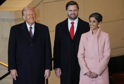 US President Donald Trump, from left, Vice President JD Vance, and Second Lady Usha Chilukuri Vance during the 60th presidential inauguration in Emancipation Hall of the US Capitol in Washington, DC, US, on Monday, Jan. 20, 2025. (Bloomberg) US President Donald Trump, from left, Vice President JD Vance, and Second Lady Usha Chilukuri Vance during the 60th presidential inauguration in Emancipation Hall of the US Capitol in Washington, DC, US, on Monday, Jan. 20, 2025. (Bloomberg)