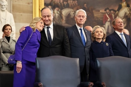 US First Lady Jill Biden, from left, Second Gentleman Doug Emhoff, former US President Bill Clinton, Hillary Clinton, former US secretary of state, and former US President George W. Bush during the 60th presidential inauguration in the rotunda of the US Capitol in Washington, DC, US, on Monday, Jan. 20, 2025. (Bloomberg) US First Lady Jill Biden, from left, Second Gentleman Doug Emhoff, former US President Bill Clinton, Hillary Clinton, former US secretary of state, and former US President George W. Bush during the 60th presidential inauguration in the rotunda of the US Capitol in Washington, DC, US, on Monday, Jan. 20, 2025. (Bloomberg)