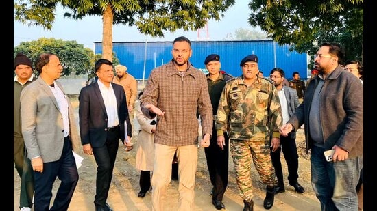Deputy commissioner (DC) Jitendra Jorwal reviewing arrangements PAU sports stadium in Ludhiana on Monday. (HT Photo)