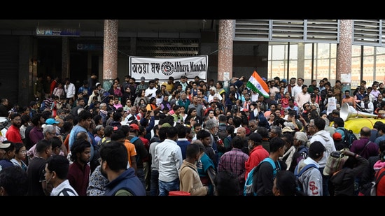 Social activists gather outside the Sealdah court in Kolkata on Monday. (Samir Jana/ Hindustan Times)