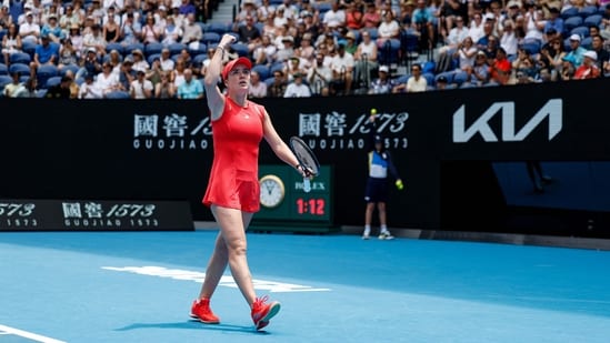 Ukraine's Elina Svitolina reacts after a point against Russia's Veronika Kudermetova during their women's singles match on day nine of the Australian Open tennis tournament in Melbourne on January 20, 2025. (Photo by Martin KEEP / AFP) / -- IMAGE RESTRICTED TO EDITORIAL USE - STRICTLY NO COMMERCIAL USE -- (AFP)