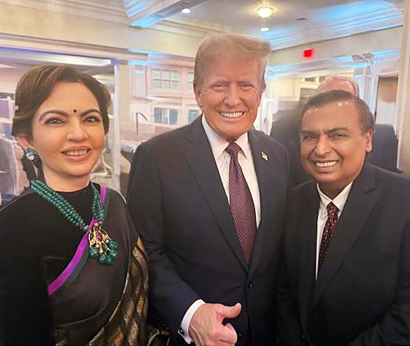 US President-elect Donald Trump (C) with Mukesh (R) and Nita Ambani (L). (X/@RIL_Updates) US President-elect Donald Trump (C) with Mukesh (R) and Nita Ambani (L). (X/@RIL_Updates)