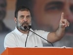 Leader of the Opposition in the Lok Sabha and Congress leader Rahul Gandhi addressing during party's Karyakarta Sammelan at Sadaquat Ashram in Patna, Bihar, India, Saturday.