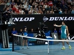 Spain's Carlos Alcaraz reacts during his quarter final match against Serbia's Novak Djokovic