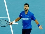Serbia's Novak Djokovic reacts during his quarter final match against Spain's Carlos Alcaraz