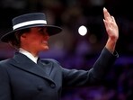 First lady Melania Trump gestures during the inaugural parade inside Capital One Arena on the inauguration day of U.S. President Donald Trump's second presidential term, in Washington, U.S. January 20, 2025. REUTERS/Carlos Barria
