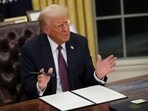 US President Donald Trump speaks on the day he signs documents as he issues executive orders and pardons for January 6 defendants in the Oval Office at the White House on Inauguration Day in Washington