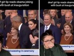 As Barack Obama greets the presidents around him, he can be seen making a brief comment to George W Bush.