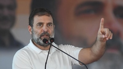 Leader of the Opposition in the Lok Sabha and Congress leader Rahul Gandhi addressing during party's Karyakarta Sammelan at Sadaquat Ashram in Patna, Bihar, India, Saturday. (HT)