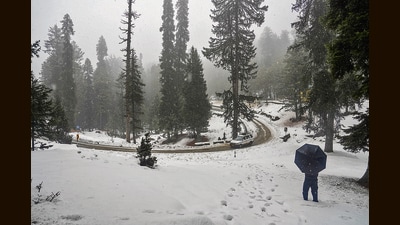 A vehicle moving on snow-covered road in Baramulla district on Tuesday. (PTI)