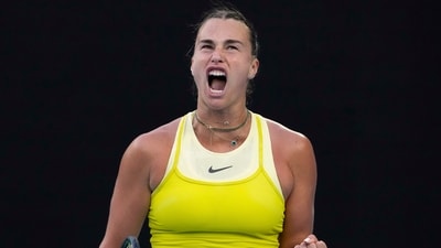 Aryna Sabalenka of Belarus reacts during her quarterfinal match against Anastasia Pavlyuchenkova of Russia during their quarterfinal match at the Australian Open tennis championship in Melbourne, Australia (AP) Aryna Sabalenka of Belarus reacts during her quarterfinal match against Anastasia Pavlyuchenkova of Russia during their quarterfinal match at the Australian Open tennis championship in Melbourne, Australia (AP)