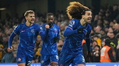 Chelsea's Marc Cucurella, right, celebrates with teammates after scoring his side's second goal during the English Premier League soccer match against Wolverhampton (AP) Chelsea's Marc Cucurella, right, celebrates with teammates after scoring his side's second goal during the English Premier League soccer match against Wolverhampton (AP)