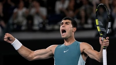 Minutes after Djokovic returned from his medical timeout, with his groin taped, Alcaraz served out the first set with a blistering 190 km/h ace, perfectly placed to give the 24-times Grand Slam champion no chance of making a return. (AP) Minutes after Djokovic returned from his medical timeout, with his groin taped, Alcaraz served out the first set with a blistering 190 km/h ace, perfectly placed to give the 24-times Grand Slam champion no chance of making a return. (AP)
