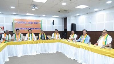 BJP national general secretary Radha Mohan Das Agarwal with party leaders in Bengaluru on Tuesday. (karnataka bjp/x)