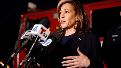 Former U.S. Vice President Kamala Harris gives a statement after visiting a fire station, upon her return from President Donald Trump’s Inauguration, In Altadena, California, U.S. January 20, 2025.  REUTERS/Fred Greaves (REUTERS)