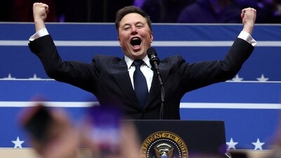Tesla CEO and X owner Elon Musk gestures on stage as he prepares to speak inside the Capital One arena on the inauguration day of Donald Trump's second Presidential term, in Washington. (Reuters)