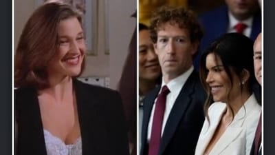 Viral clip shows Mark Zuckerberg looking down at Lauren Sanchez's chest. (AP/X) Viral clip shows Mark Zuckerberg looking down at Lauren Sanchez's chest. (AP/X)