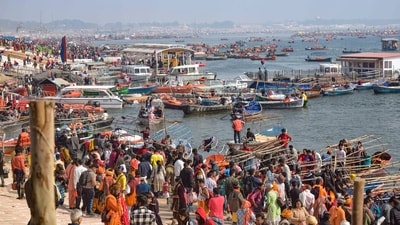 Devotees at Sangam during the Maha Kumbh Mela 2025, in Prayagraj. (PTI) Devotees at Sangam during the Maha Kumbh Mela 2025, in Prayagraj. (PTI)