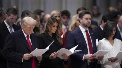 President Donald Trump, from left, first lady Melania Trump, Vice President JD Vance and his wife Usha Vance, attend the national prayer service at the Washington National Cathedral, on Tuesday. (AP) President Donald Trump, from left, first lady Melania Trump, Vice President JD Vance and his wife Usha Vance, attend the national prayer service at the Washington National Cathedral, on Tuesday. (AP)