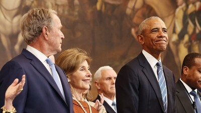 Former US President George W. Bush, former first lady Laura Bush and former US President Barack Obama arrive for the inauguration of US President-elect Donald Trump in the Rotunda of the US Capitol on January 20, 2025 in Washington, DC. (AFP) Former US President George W. Bush, former first lady Laura Bush and former US President Barack Obama arrive for the inauguration of US President-elect Donald Trump in the Rotunda of the US Capitol on January 20, 2025 in Washington, DC. (AFP)