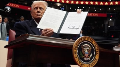 President Donald Trump signs an executive order as he attends an indoor Presidential Inauguration parade event at Capital One Arena in Washington. (AP) President Donald Trump signs an executive order as he attends an indoor Presidential Inauguration parade event at Capital One Arena in Washington. (AP)