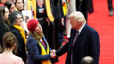 President Donald Trump greets families of hostages held in Gaza at an indoor Presidential Inauguration parade event in Washington, Monday, Jan. 20, 2025. (AP) President Donald Trump greets families of hostages held in Gaza at an indoor Presidential Inauguration parade event in Washington, Monday, Jan. 20, 2025. (AP)