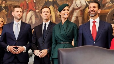 From left, Eric Trump, Jared Kushner, Ivanka Trump and Donald Trump Jr, arrive before the 60th Presidential Inauguration. First daughter Ivanka wore an emerald green skirt suit featuring an asymmetrical belted jacket and a pencil skirt along with a matching hat from Dior at father Donald Trump’s inauguration on Monday. She accessorized with black leather gloves and the iconic Lady Dior bag. (AP) From left, Eric Trump, Jared Kushner, Ivanka Trump and Donald Trump Jr, arrive before the 60th Presidential Inauguration. First daughter Ivanka wore an emerald green skirt suit featuring an asymmetrical belted jacket and a pencil skirt along with a matching hat from Dior at father Donald Trump’s inauguration on Monday. She accessorized with black leather gloves and the iconic Lady Dior bag. (AP)