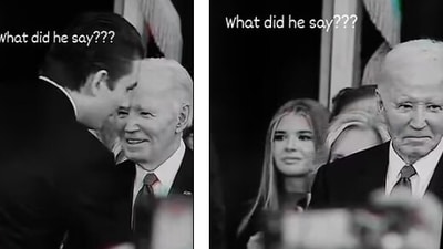 Barron Trump whispered something to Biden and his facial expression instantly changed. (X) Barron Trump whispered something to Biden and his facial expression instantly changed. (X)