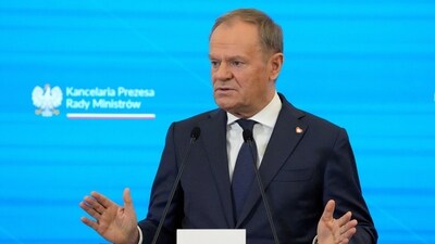 Polish Prime Minister Donald Tusk speaks during a press conference with Britain's Prime Minister Keir Starmer in Warsaw, Poland, January 17, 2025. Czarek Sokolowski/Pool via REUTERS