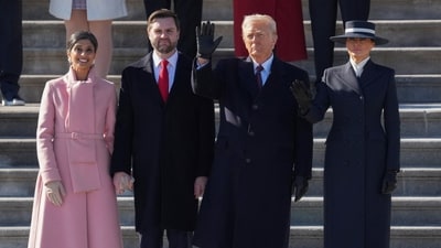 President Donald Trump and First Lady Melania Trump, and Second Lady Usha Vance, Vice President JD Vance, participate in the departure ceremony for outgoing United States President Joe Biden and first lady Dr. Jill Biden on the East Front of the United States Capitol in Washington, DC. (via REUTERS)