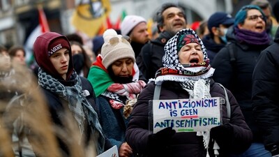 Netherlands didn't hold back as well. Protesters in Amsterdam staged demonstrations against Donald Trump, a day before his presidential inauguration. The placard in the picture reads “Antizionism is not antisemitism” as protesters opposed acts of fascism, genocide and climate change.&nbsp; (Reuters)
