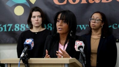 Gladys Vega, President and CEO of La Colaborativa, Brazilian Worker Center and Lawyers for Civil Rights, speaks at a press conference about their lawsuit filed against the Trump administration executive order. (REUTERS)