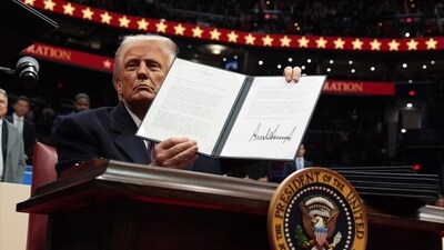 President Donald Trump signs an executive order as he attends an indoor Presidential Inauguration parade event at Capital One Arena, Monday, Jan. 20, 2025, in Washington. (AP Photo/Evan Vucci) President Donald Trump signs an executive order as he attends an indoor Presidential Inauguration parade event at Capital One Arena, Monday, Jan. 20, 2025, in Washington. (AP Photo/Evan Vucci)