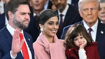 Usha Vance with JD Vance at the inauguration day for US President Donald Trump. Usha Vance with JD Vance at the inauguration day for US President Donald Trump.