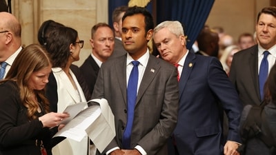 Vivek Ramaswamy arrives before the 60th Presidential Inauguration in the Rotunda of the US Capitol in Washington. (AP)